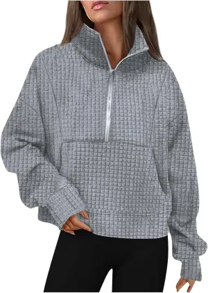 Women's Long Sleeve Casual Lapel Pullover Half Zip Sweatshirts Cropped Plaid Hoodies With Pocket Fall Trendy Outfits