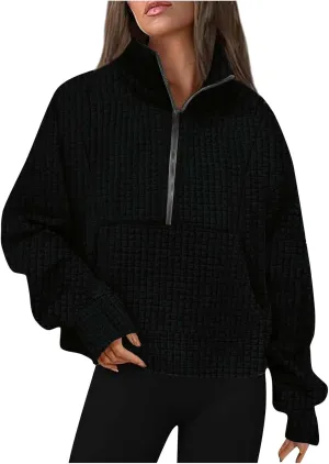 Women's Long Sleeve Casual Lapel Pullover Half Zip Sweatshirts Cropped Plaid Hoodies With Pocket Fall Trendy Outfits