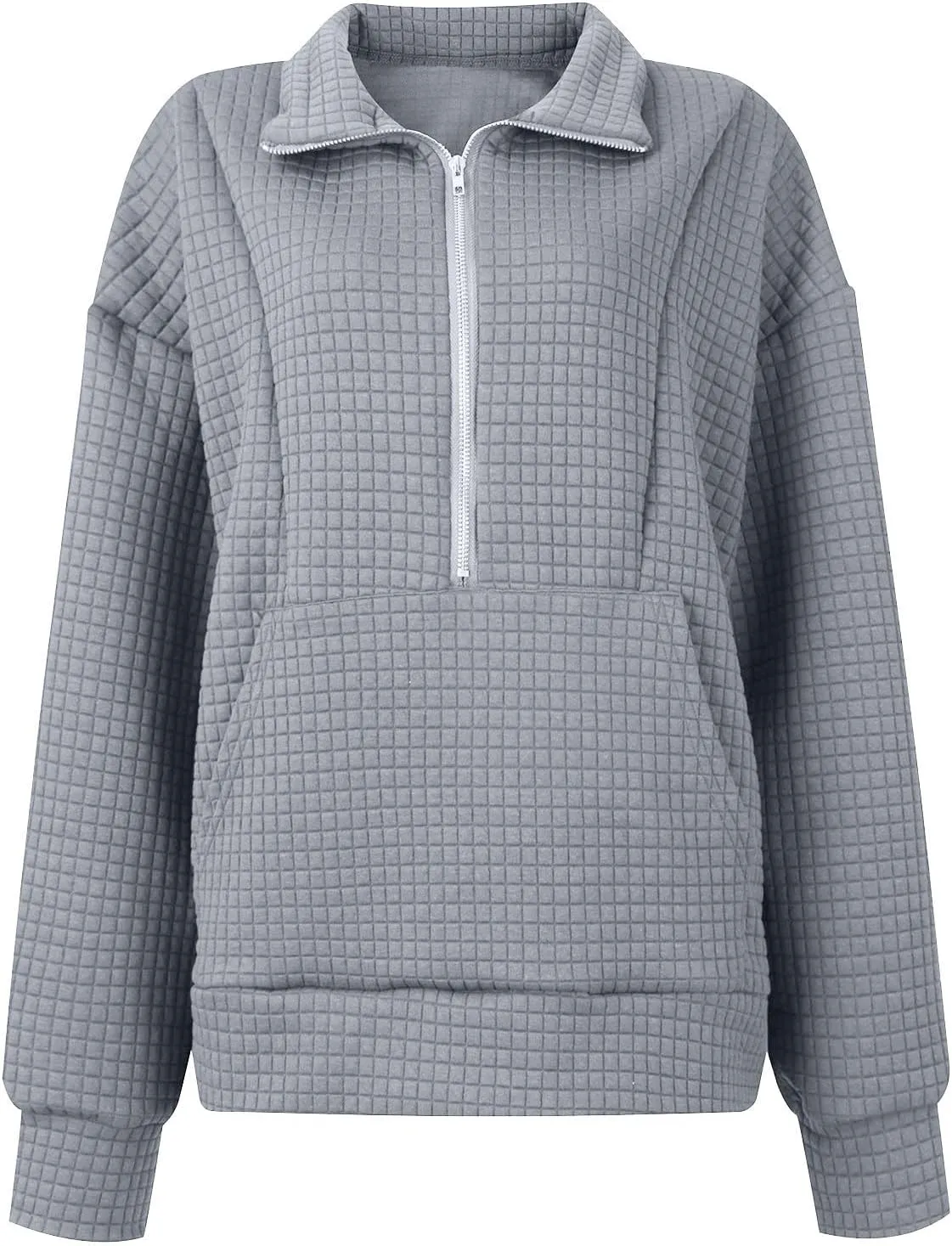 Women's Long Sleeve Casual Lapel Pullover Half Zip Sweatshirts Cropped Plaid Hoodies With Pocket Fall Trendy Outfits