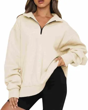Womens Long Sleeve Hoodless Sweatshirt Trendy Quarter Zip Athletic Casual Pullover Tops Fall Warm Solid Color Top