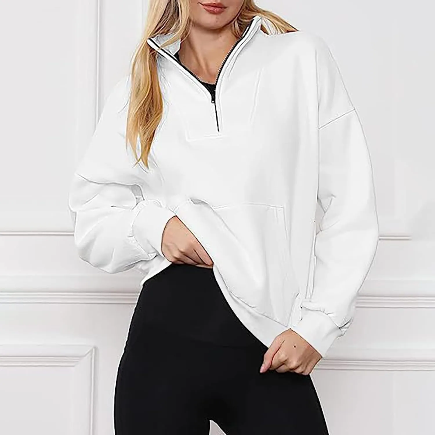 Womens Long Sleeve Solid Color Half Zip Sweatshirts Fall Winter Trendy Outfits Hoodies With Pockets Workout Pullover