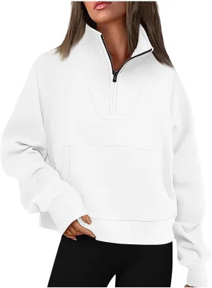 Womens Long Sleeve Solid Color Half Zip Sweatshirts Fall Winter Trendy Outfits Hoodies With Pockets Workout Pullover