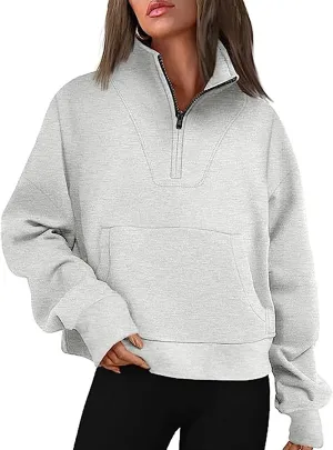 Womens Long Sleeve Solid Color Half Zip Sweatshirts Fall Winter Trendy Outfits Hoodies With Pockets Workout Pullover