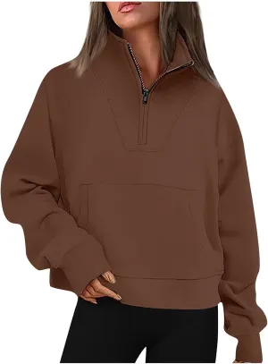 Womens Long Sleeve Solid Color Half Zip Sweatshirts Fall Winter Trendy Outfits Hoodies With Pockets Workout Pullover