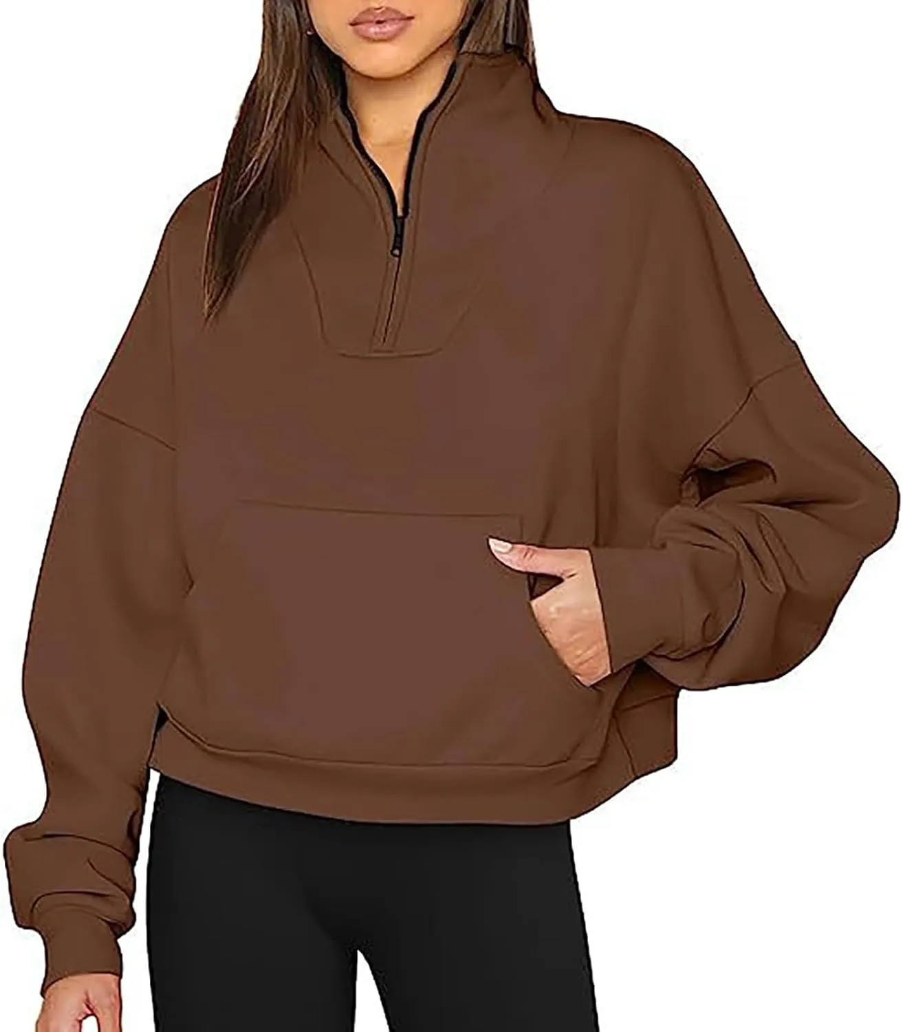 Womens Long Sleeve Solid Color Half Zip Sweatshirts Fall Winter Trendy Outfits Hoodies With Pockets Workout Pullover