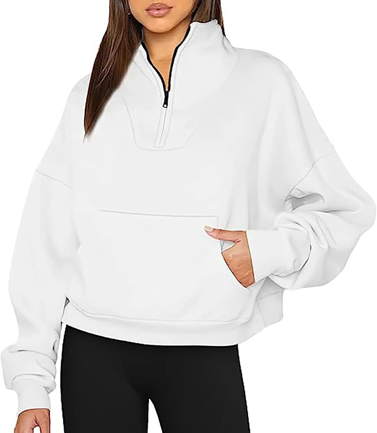 Womens Long Sleeve Solid Color Half Zip Sweatshirts Fall Winter Trendy Outfits Hoodies With Pockets Workout Pullover