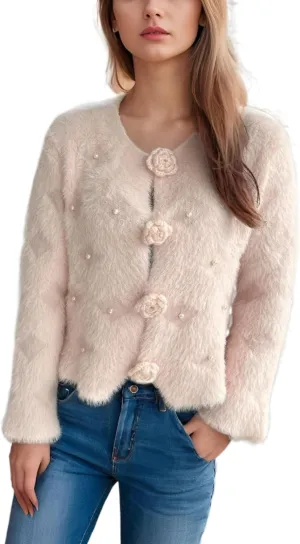 Women's Mohair Sweater – Fuzzy Mohair Cardigan Pearl Soft Chunky Button-Up Fuzzy Sweater for Women