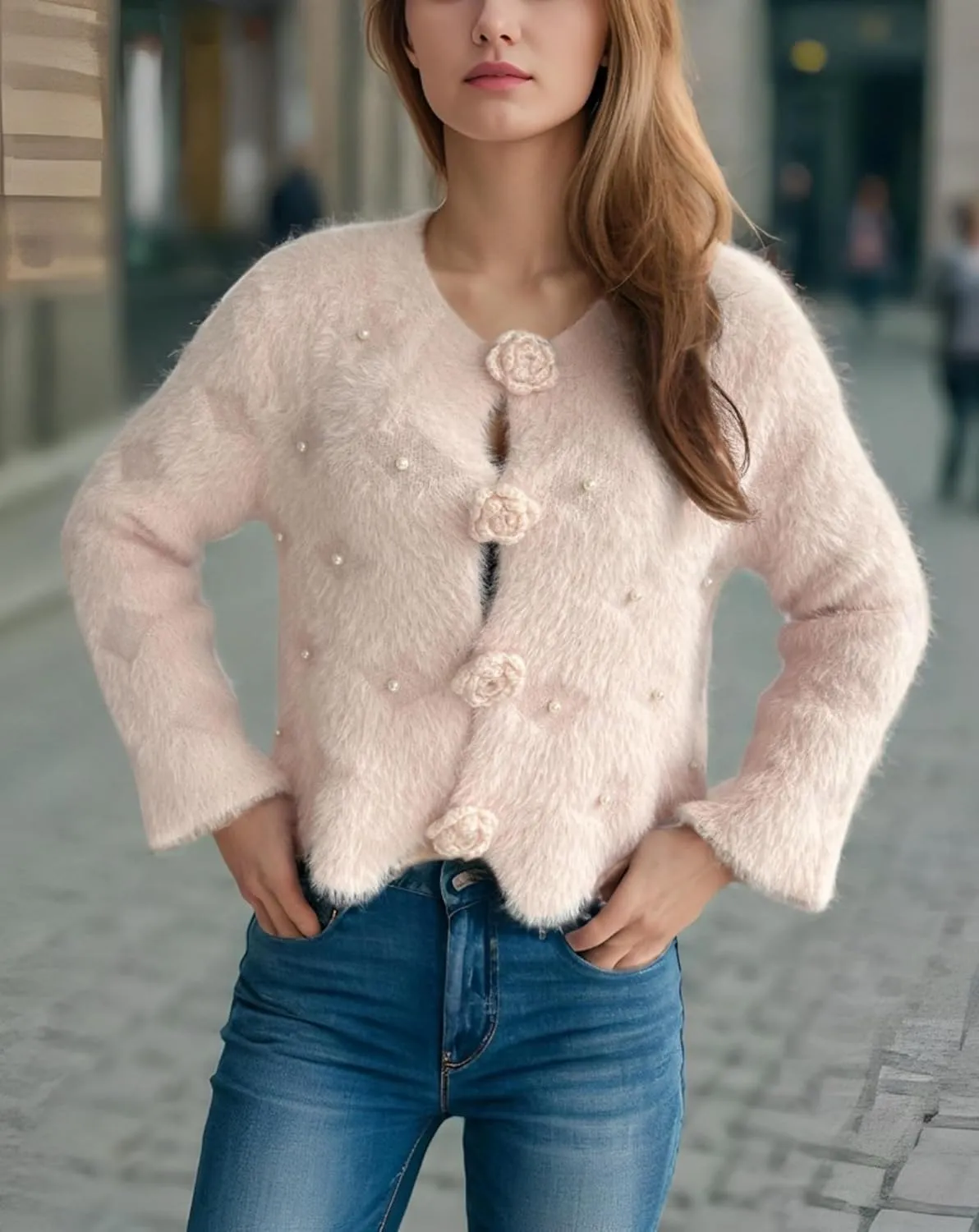 Women's Mohair Sweater – Fuzzy Mohair Cardigan Pearl Soft Chunky Button-Up Fuzzy Sweater for Women