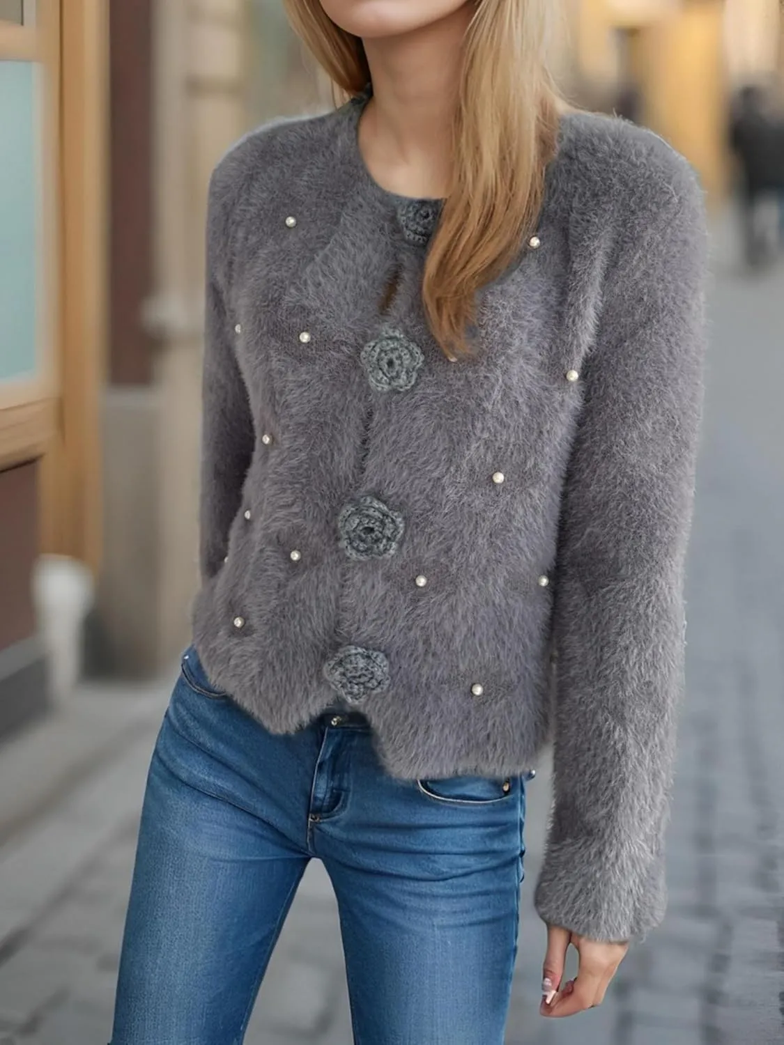 Women's Mohair Sweater – Fuzzy Mohair Cardigan Pearl Soft Chunky Button-Up Fuzzy Sweater for Women