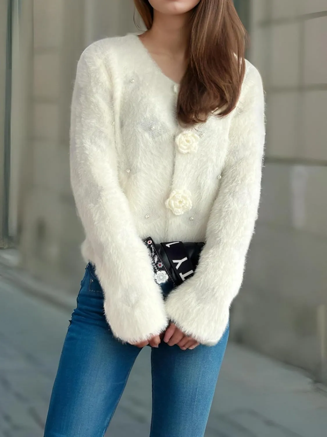 Women's Mohair Sweater – Fuzzy Mohair Cardigan Pearl Soft Chunky Button-Up Fuzzy Sweater for Women