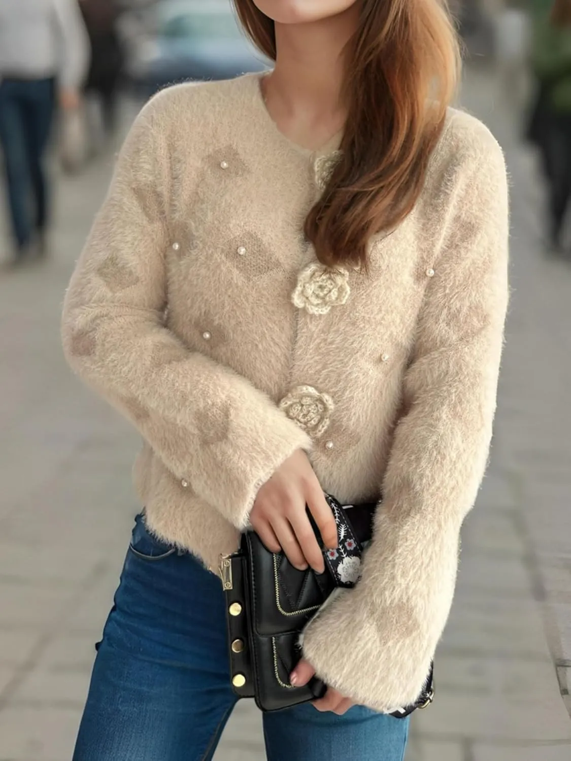 Women's Mohair Sweater – Fuzzy Mohair Cardigan Pearl Soft Chunky Button-Up Fuzzy Sweater for Women