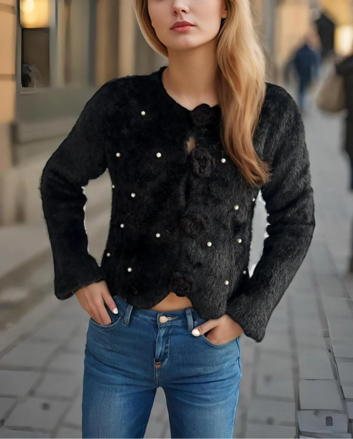 Women's Mohair Sweater – Fuzzy Mohair Cardigan Pearl Soft Chunky Button-Up Fuzzy Sweater for Women