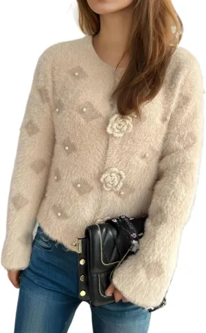 Women's Mohair Sweater – Fuzzy Mohair Cardigan Pearl Soft Chunky Button-Up Fuzzy Sweater for Women