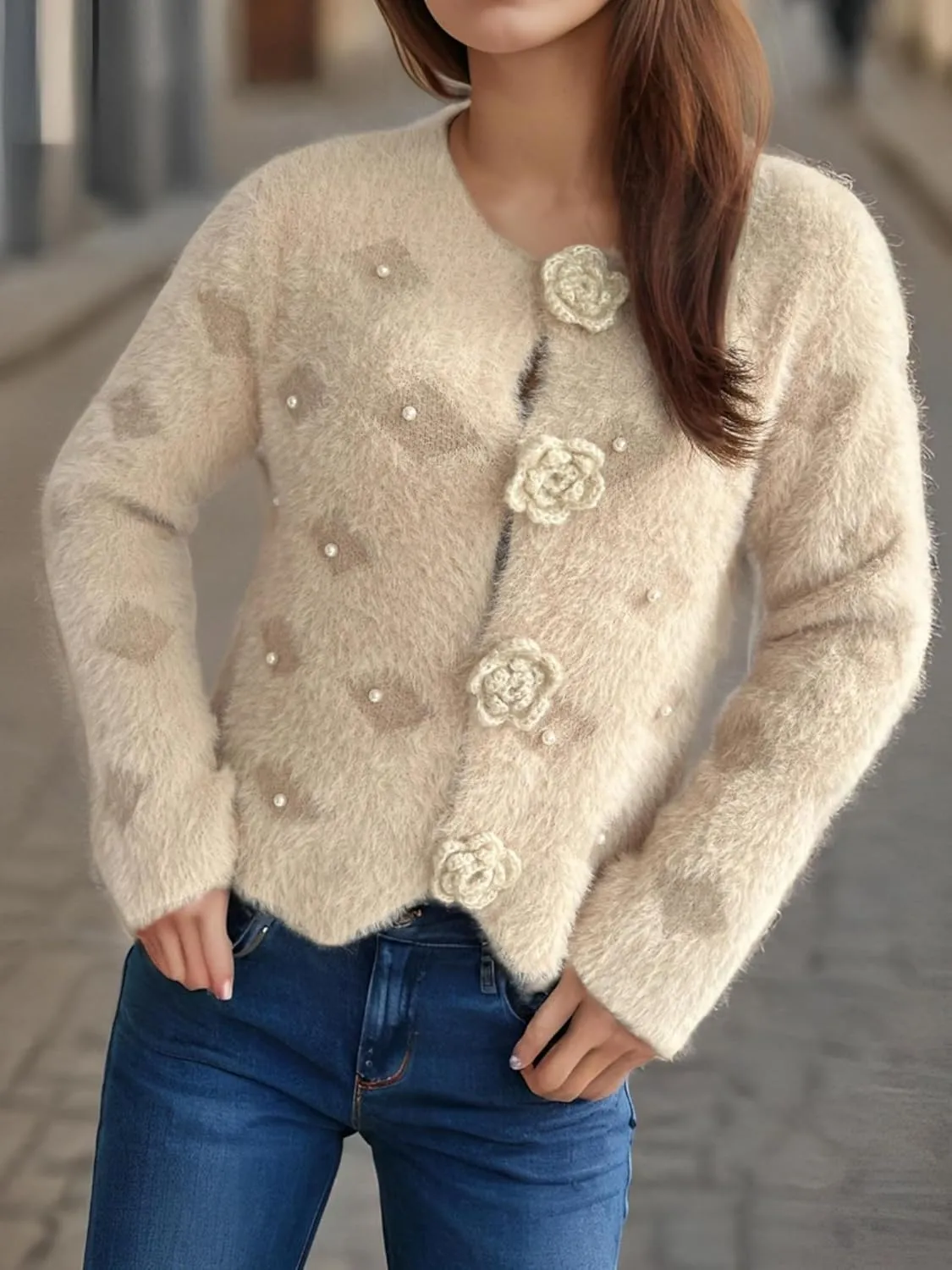 Women's Mohair Sweater – Fuzzy Mohair Cardigan Pearl Soft Chunky Button-Up Fuzzy Sweater for Women