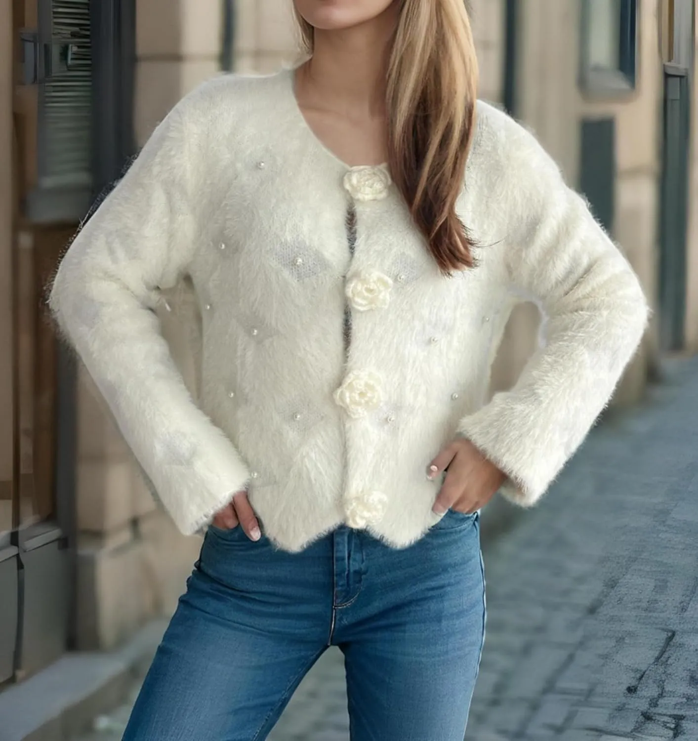 Women's Mohair Sweater – Fuzzy Mohair Cardigan Pearl Soft Chunky Button-Up Fuzzy Sweater for Women