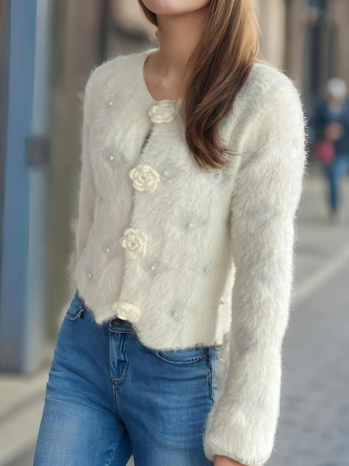 Women's Mohair Sweater – Fuzzy Mohair Cardigan Pearl Soft Chunky Button-Up Fuzzy Sweater for Women