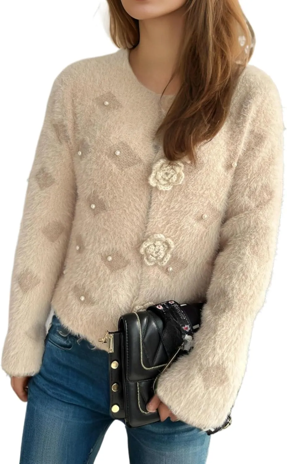Women's Mohair Sweater – Fuzzy Mohair Cardigan Pearl Soft Chunky Button-Up Fuzzy Sweater for Women