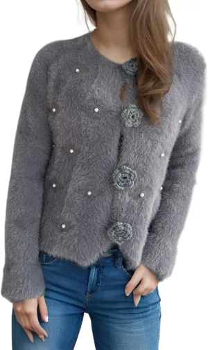 Women's Mohair Sweater – Fuzzy Mohair Cardigan Pearl Soft Chunky Button-Up Fuzzy Sweater for Women