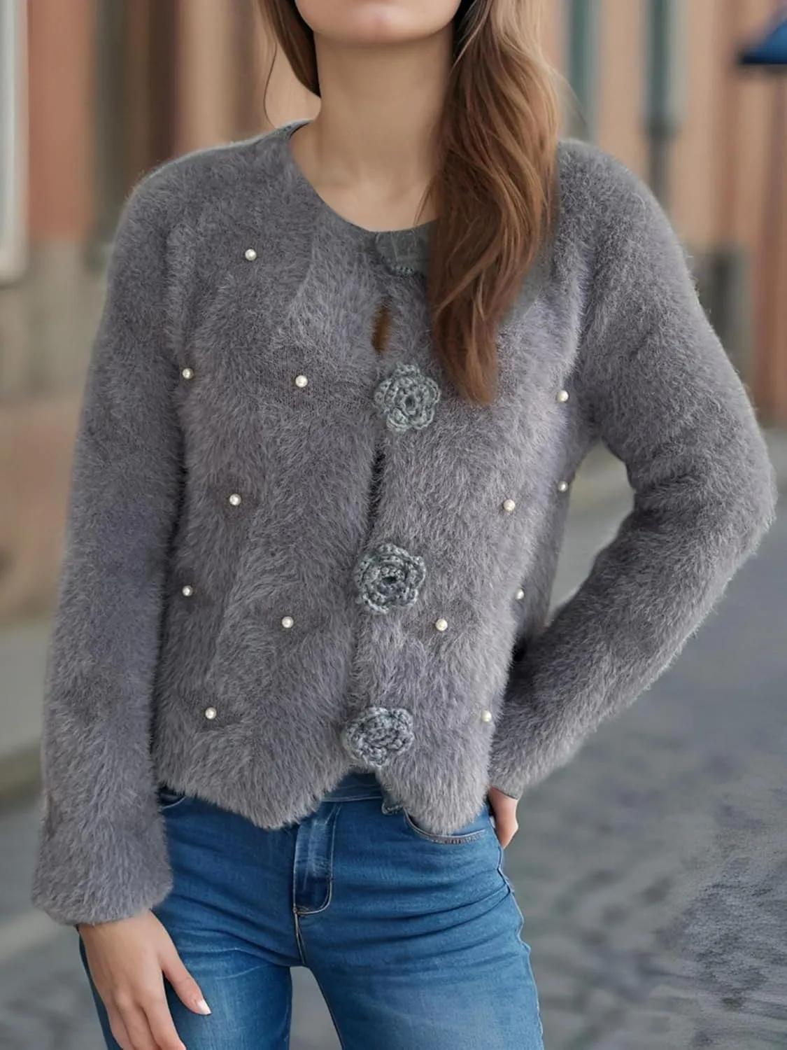 Women's Mohair Sweater – Fuzzy Mohair Cardigan Pearl Soft Chunky Button-Up Fuzzy Sweater for Women