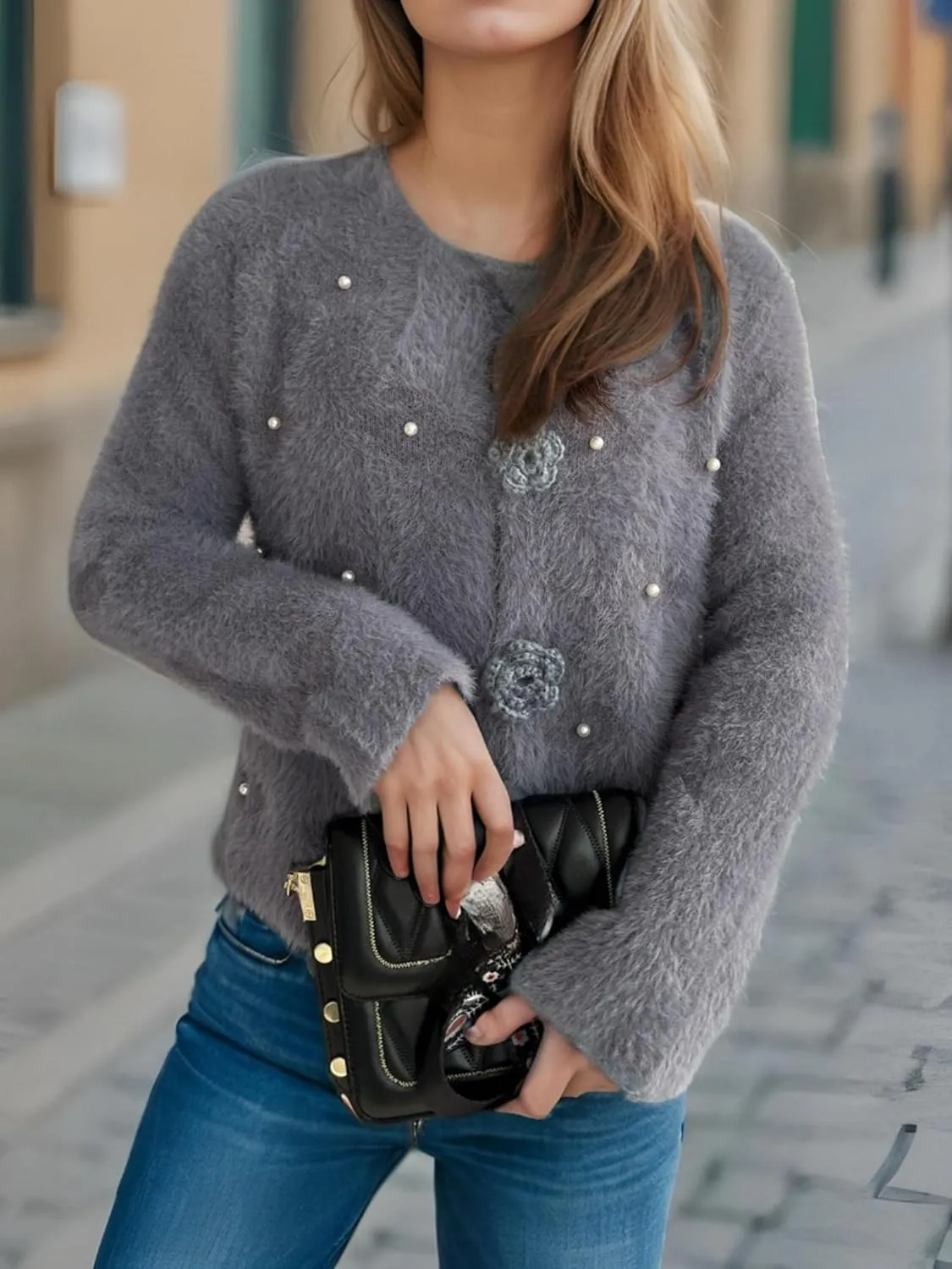 Women's Mohair Sweater – Fuzzy Mohair Cardigan Pearl Soft Chunky Button-Up Fuzzy Sweater for Women