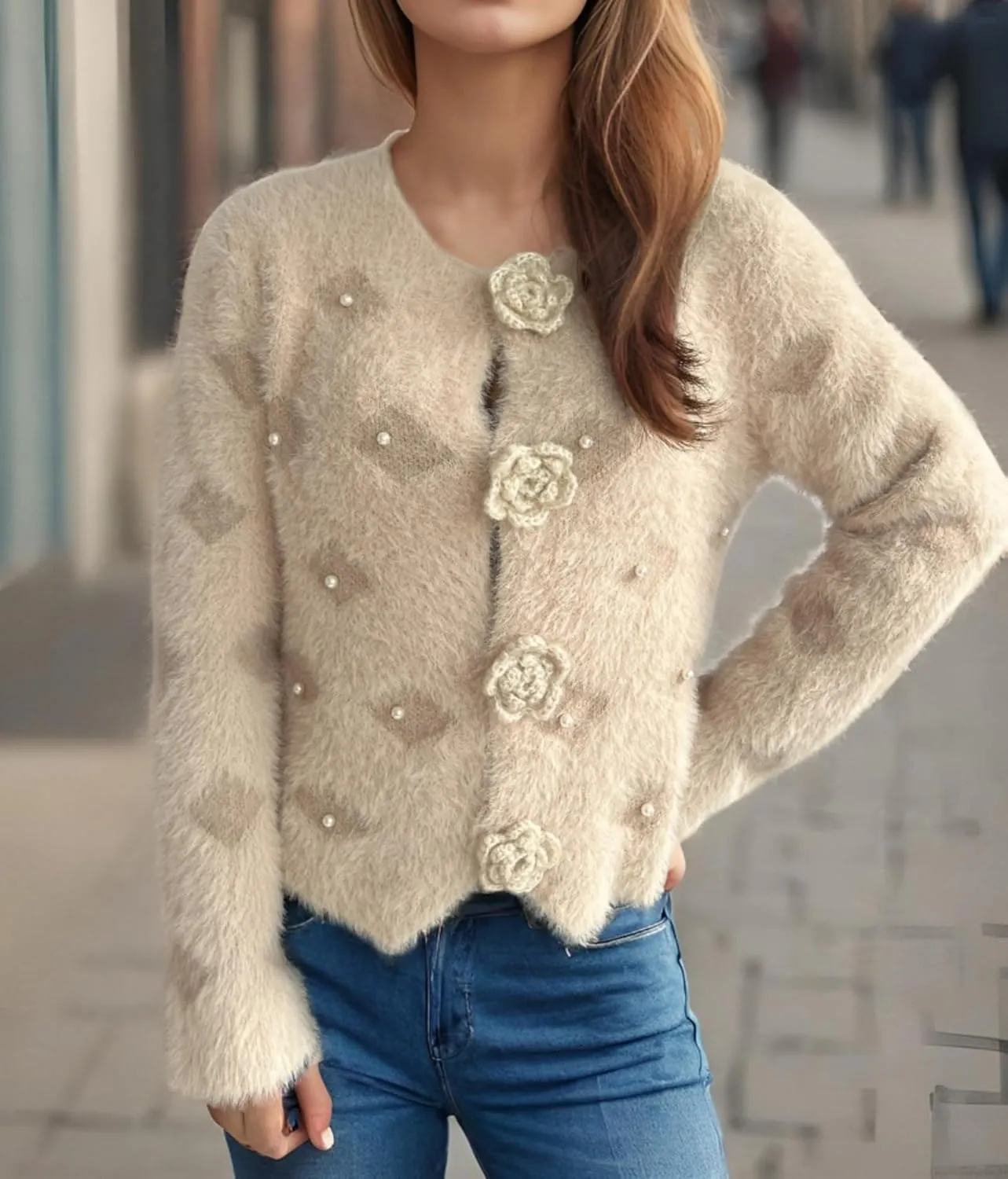 Women's Mohair Sweater – Fuzzy Mohair Cardigan Pearl Soft Chunky Button-Up Fuzzy Sweater for Women