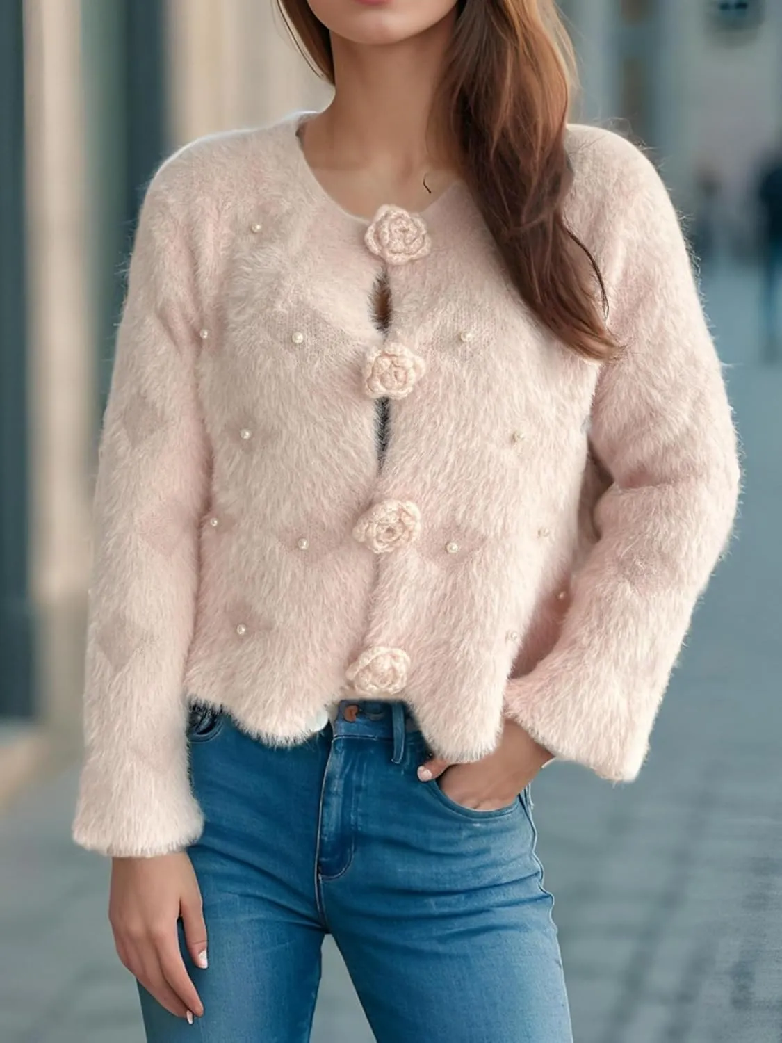 Women's Mohair Sweater – Fuzzy Mohair Cardigan Pearl Soft Chunky Button-Up Fuzzy Sweater for Women