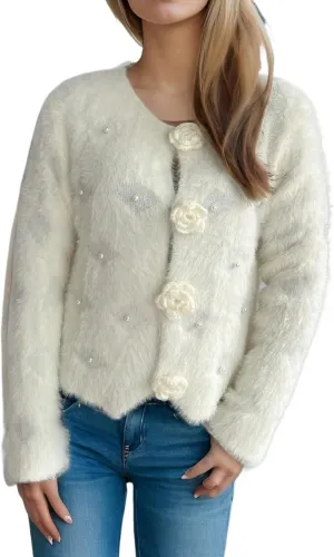 Women's Mohair Sweater – Fuzzy Mohair Cardigan Pearl Soft Chunky Button-Up Fuzzy Sweater for Women
