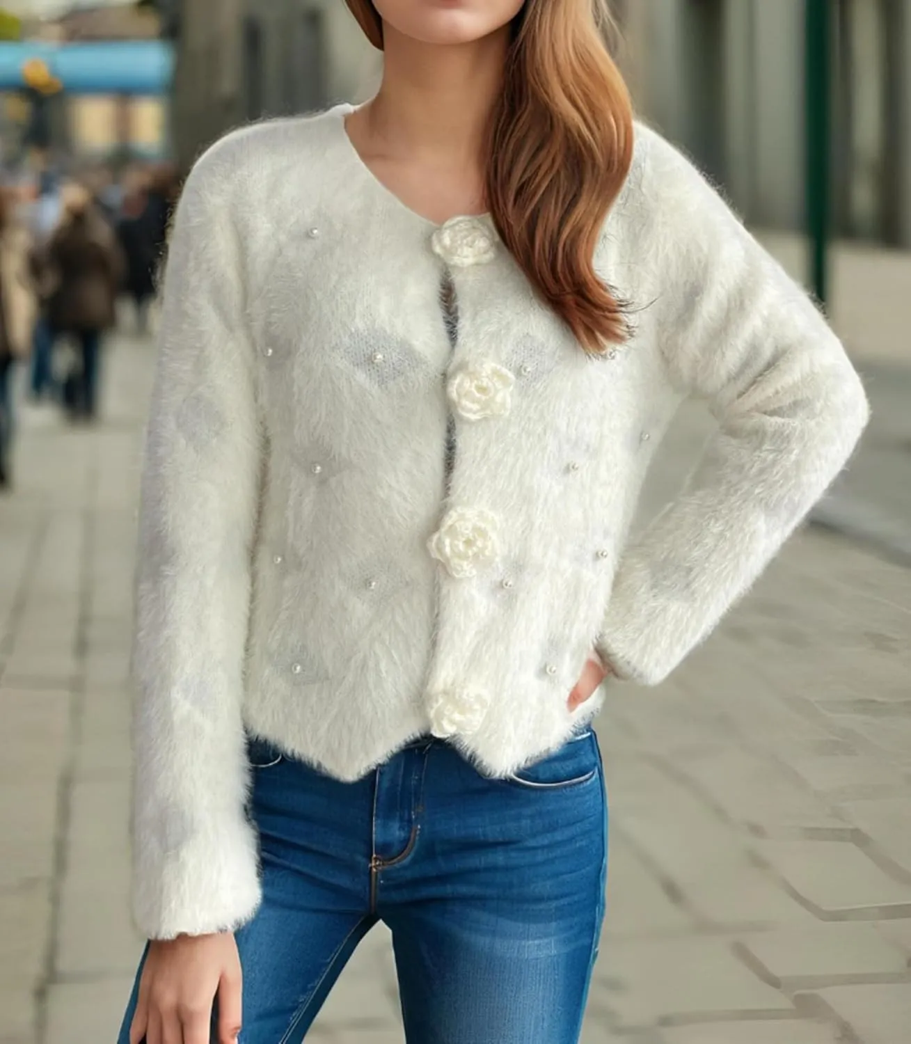 Women's Mohair Sweater – Fuzzy Mohair Cardigan Pearl Soft Chunky Button-Up Fuzzy Sweater for Women