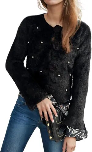 Women's Mohair Sweater – Fuzzy Mohair Cardigan Pearl Soft Chunky Button-Up Fuzzy Sweater for Women