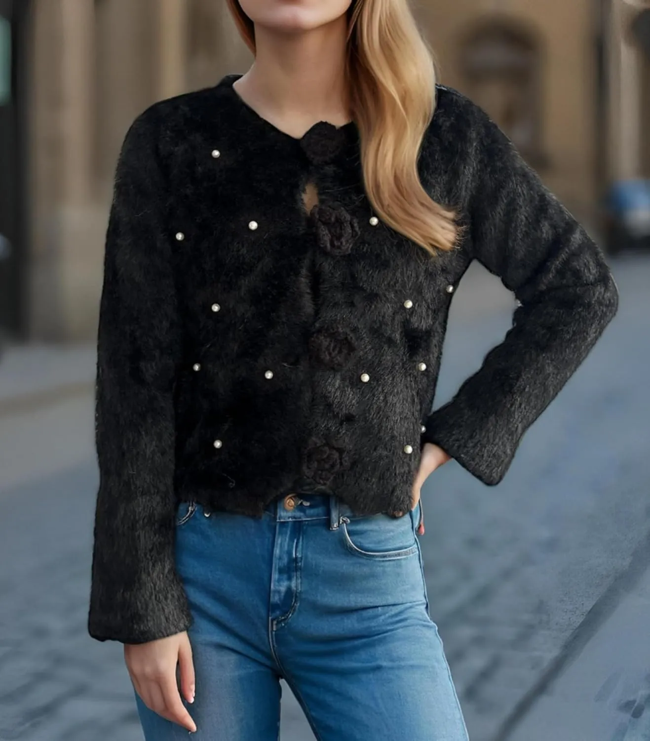 Women's Mohair Sweater – Fuzzy Mohair Cardigan Pearl Soft Chunky Button-Up Fuzzy Sweater for Women