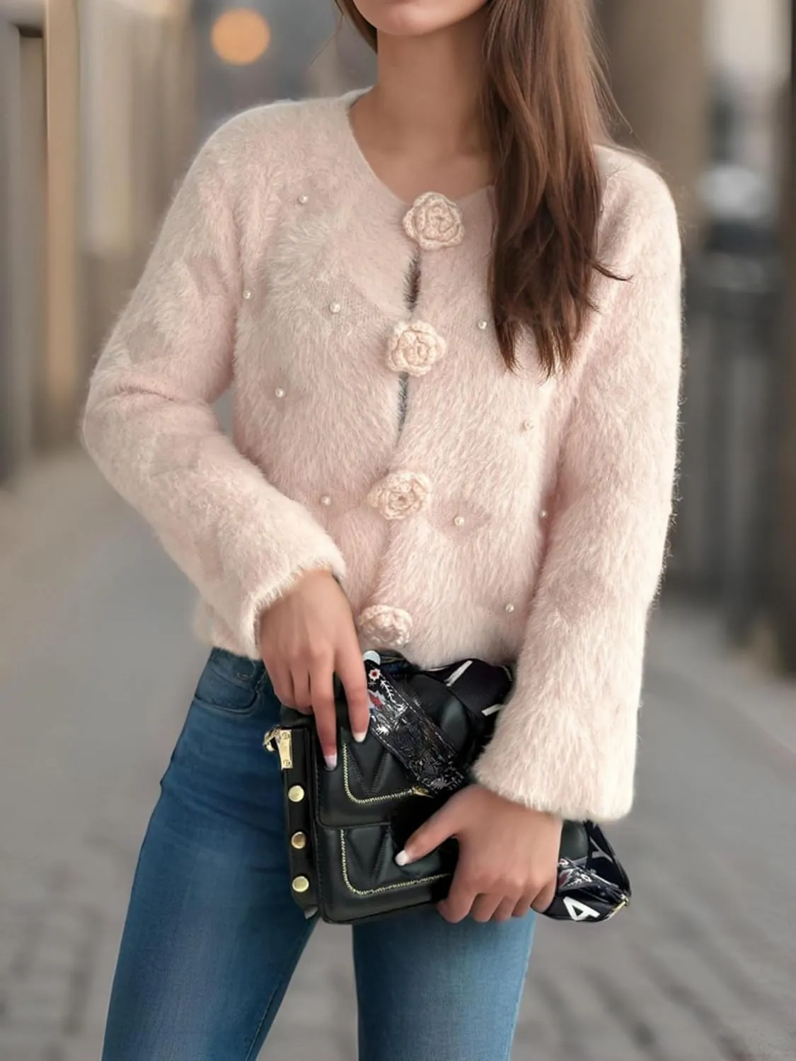 Women's Mohair Sweater – Fuzzy Mohair Cardigan Pearl Soft Chunky Button-Up Fuzzy Sweater for Women