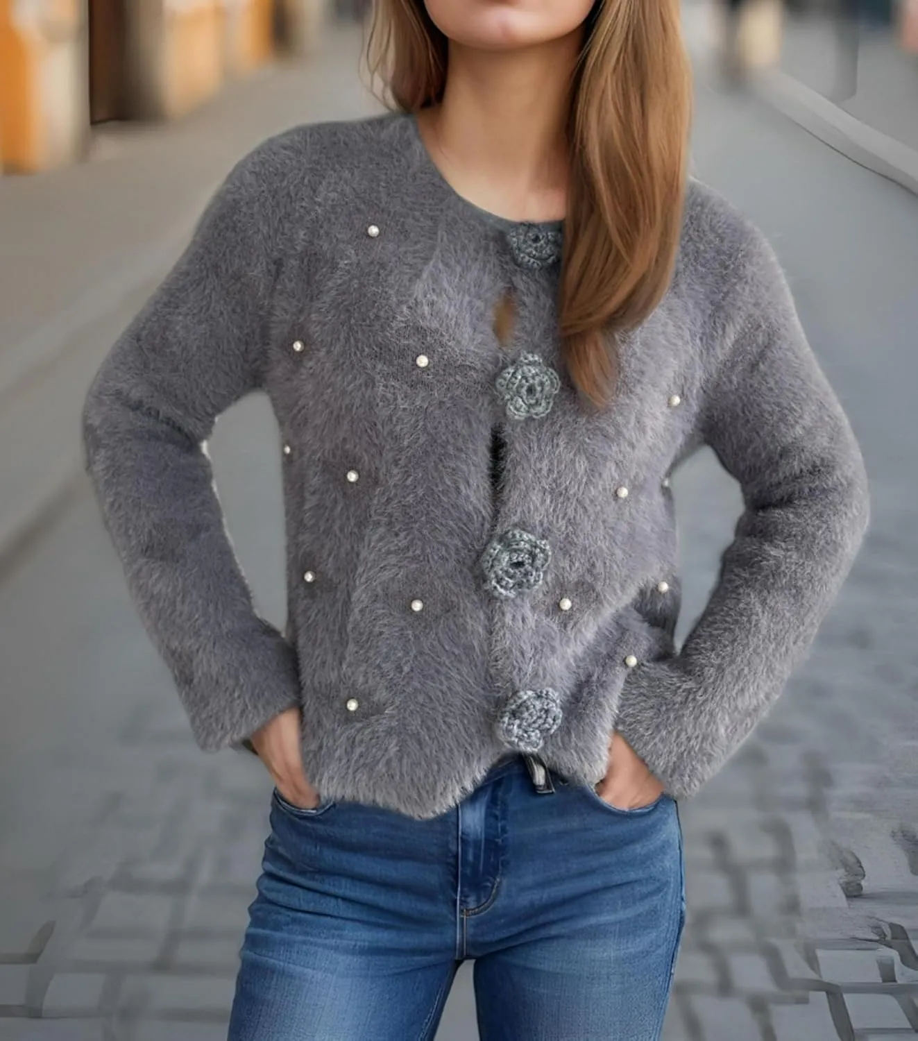 Women's Mohair Sweater – Fuzzy Mohair Cardigan Pearl Soft Chunky Button-Up Fuzzy Sweater for Women