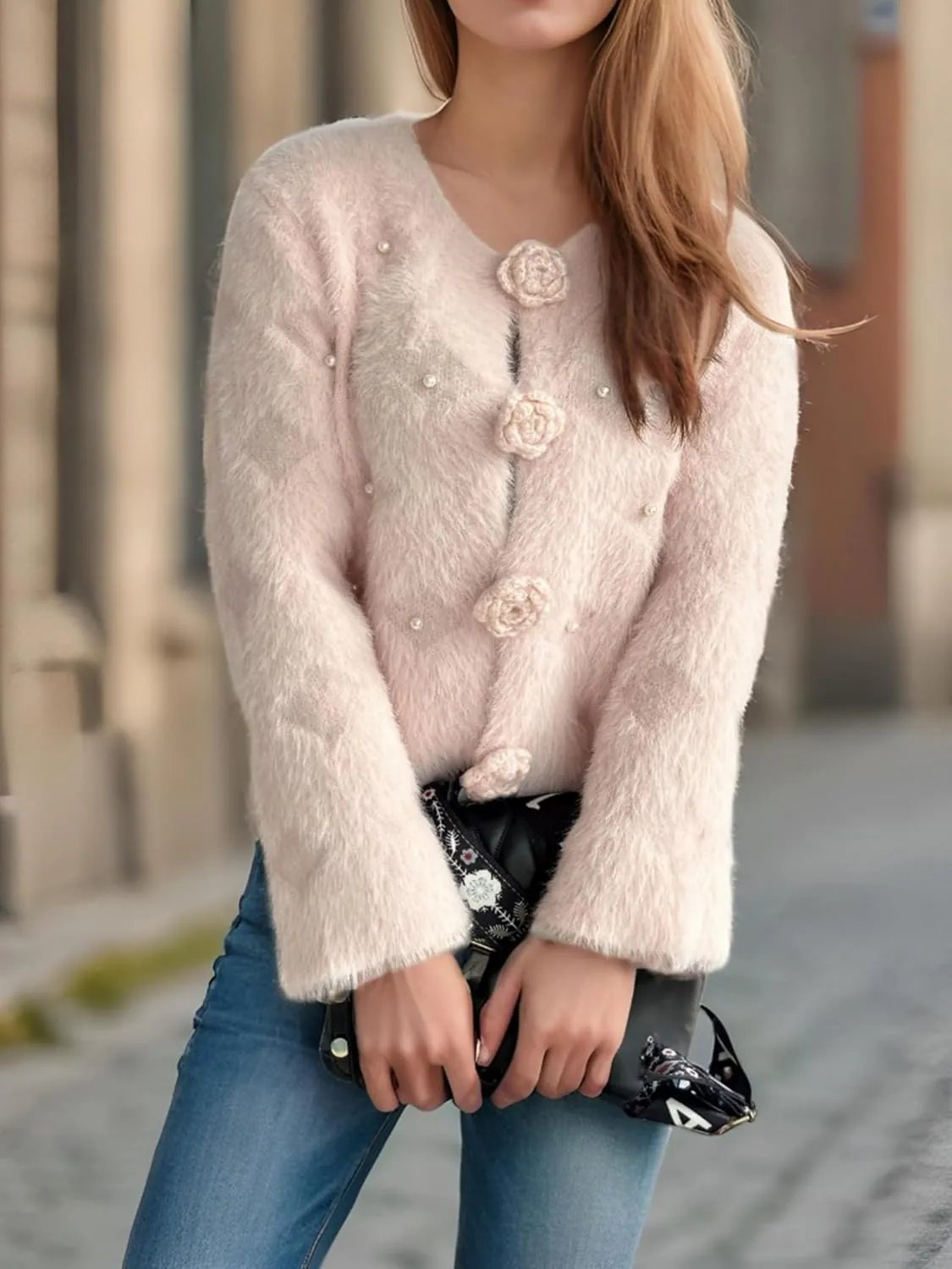 Women's Mohair Sweater – Fuzzy Mohair Cardigan Pearl Soft Chunky Button-Up Fuzzy Sweater for Women