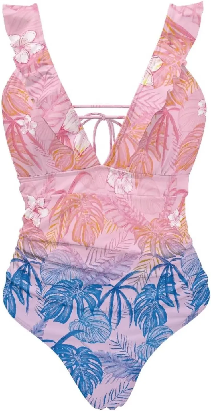 Womens One Piece Swimsuit Sexy Ruffle Swimsuit Bathing Suit Tummy Control Swimwear V Neck Swimsuit for Vacation