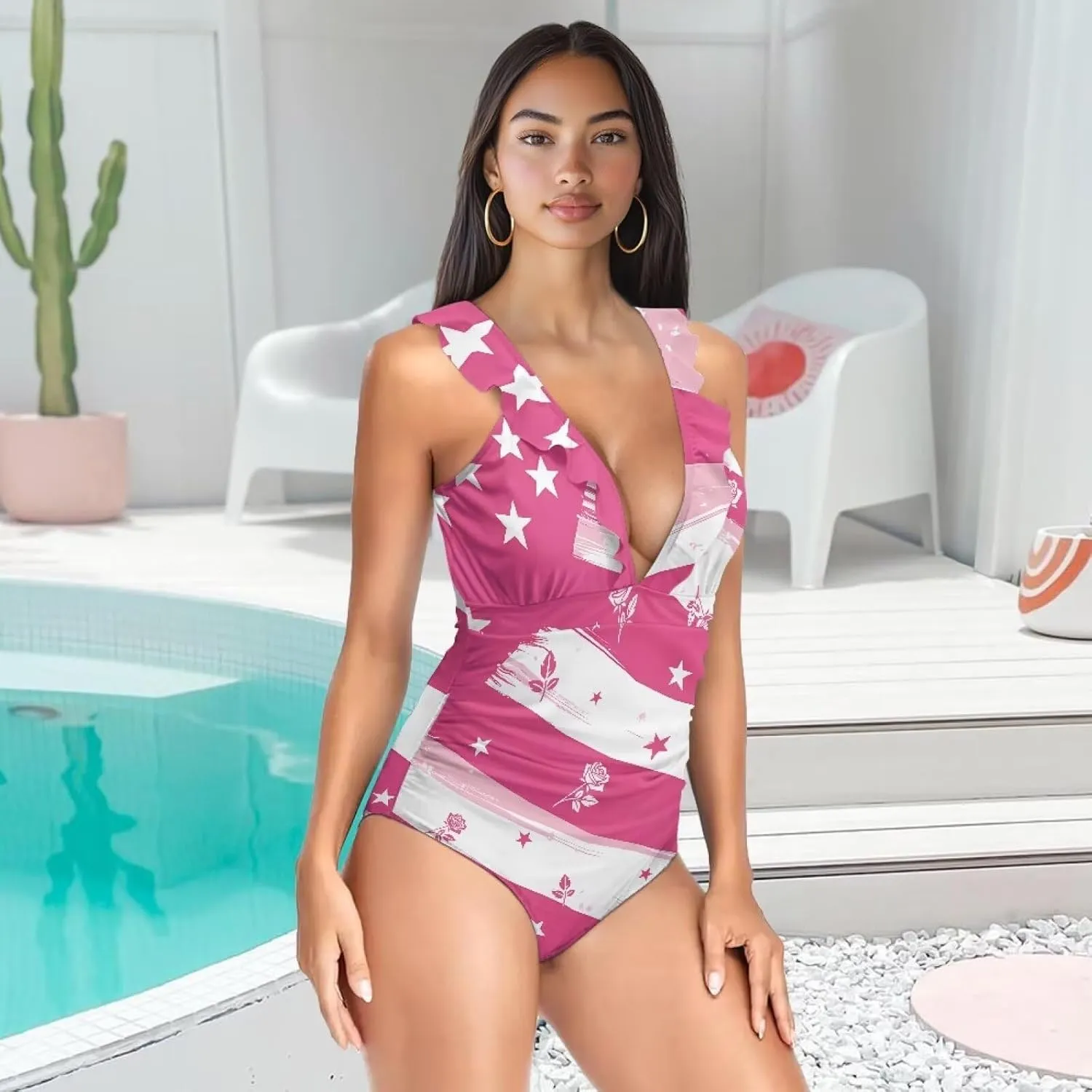 Womens One Piece Swimsuit Sexy Ruffle Swimsuit Bathing Suit Tummy Control Swimwear V Neck Swimsuit for Vacation