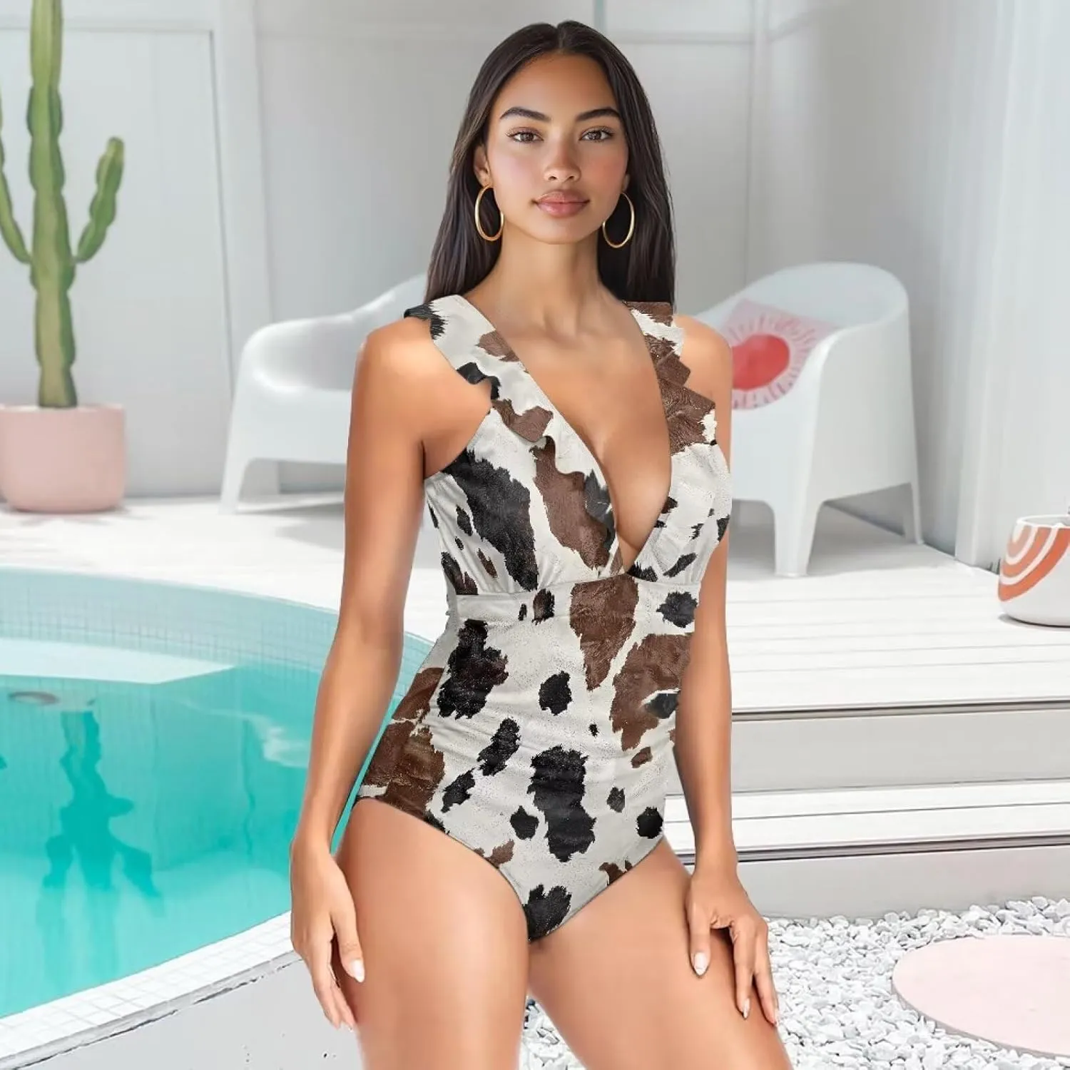 Womens One Piece Swimsuit Sexy Ruffle Swimsuit Bathing Suit Tummy Control Swimwear V Neck Swimsuit for Vacation