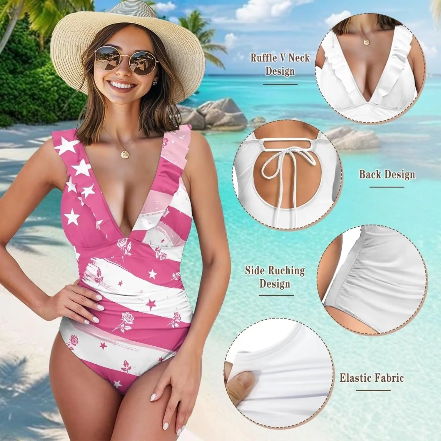 Womens One Piece Swimsuit Sexy Ruffle Swimsuit Bathing Suit Tummy Control Swimwear V Neck Swimsuit for Vacation
