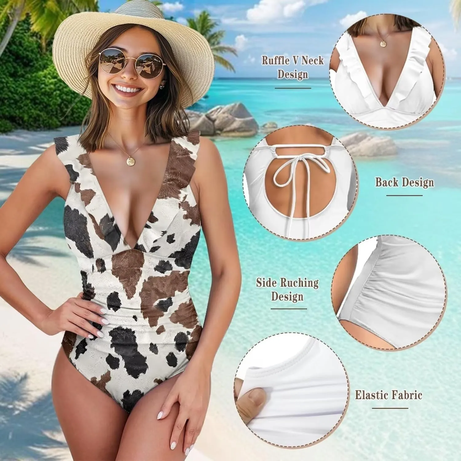 Womens One Piece Swimsuit Sexy Ruffle Swimsuit Bathing Suit Tummy Control Swimwear V Neck Swimsuit for Vacation