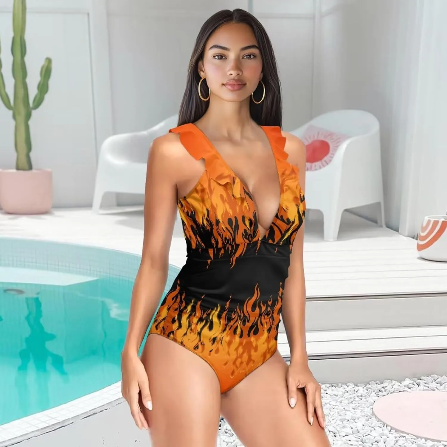 Womens One Piece Swimsuit Sexy Ruffle Swimsuit Bathing Suit Tummy Control Swimwear V Neck Swimsuit for Vacation