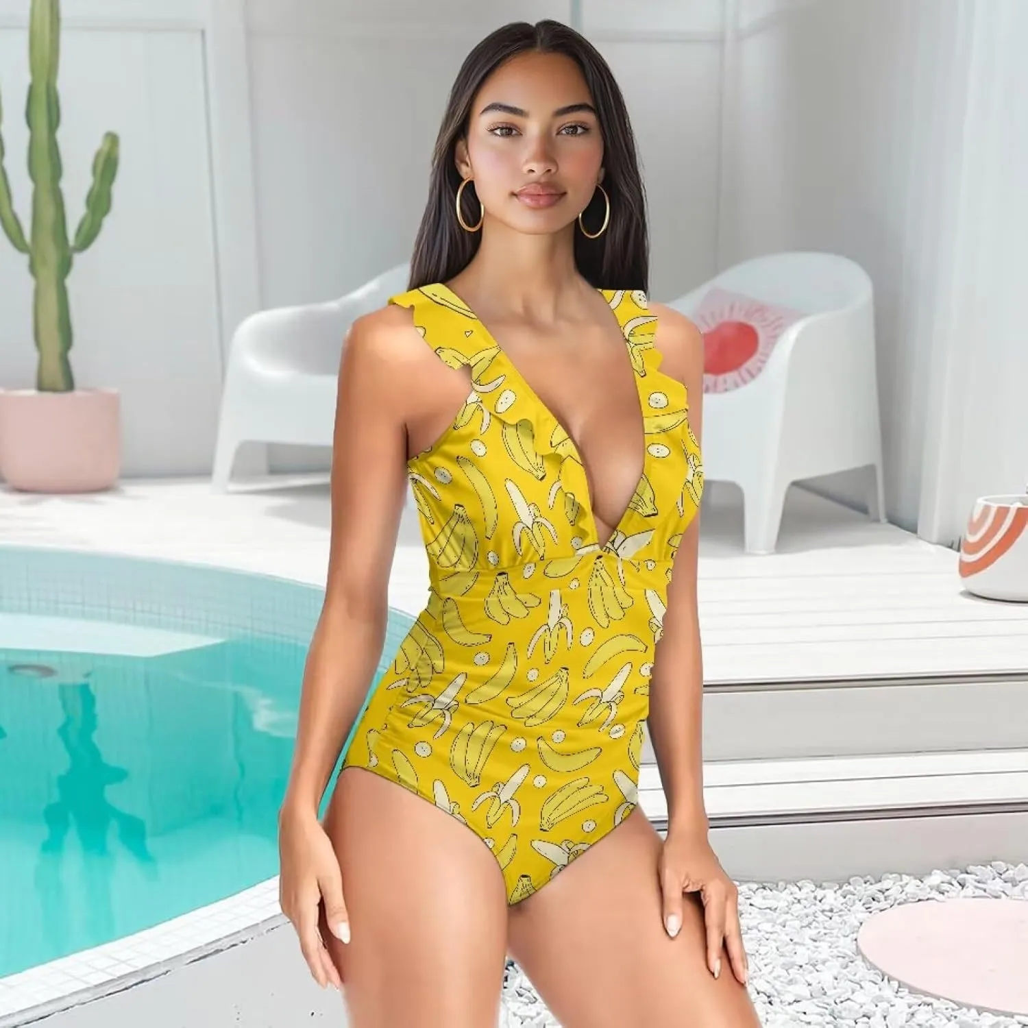 Womens One Piece Swimsuit Sexy Ruffle Swimsuit Bathing Suit Tummy Control Swimwear V Neck Swimsuit for Vacation