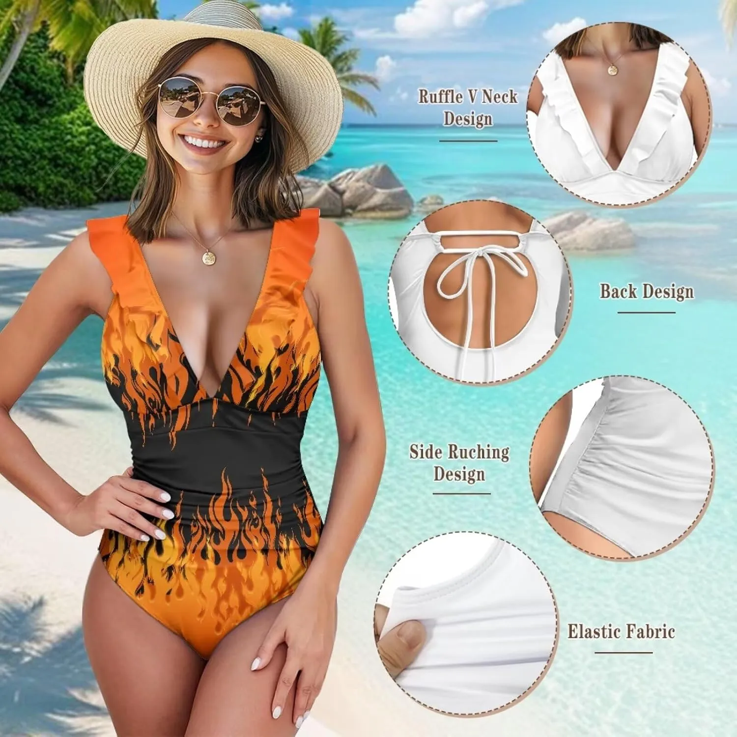 Womens One Piece Swimsuit Sexy Ruffle Swimsuit Bathing Suit Tummy Control Swimwear V Neck Swimsuit for Vacation