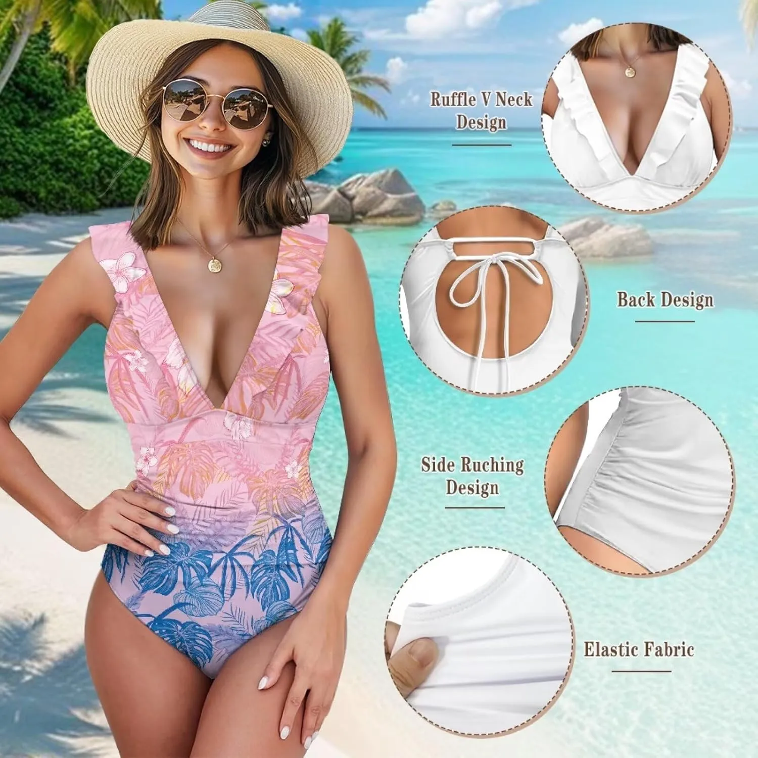 Womens One Piece Swimsuit Sexy Ruffle Swimsuit Bathing Suit Tummy Control Swimwear V Neck Swimsuit for Vacation