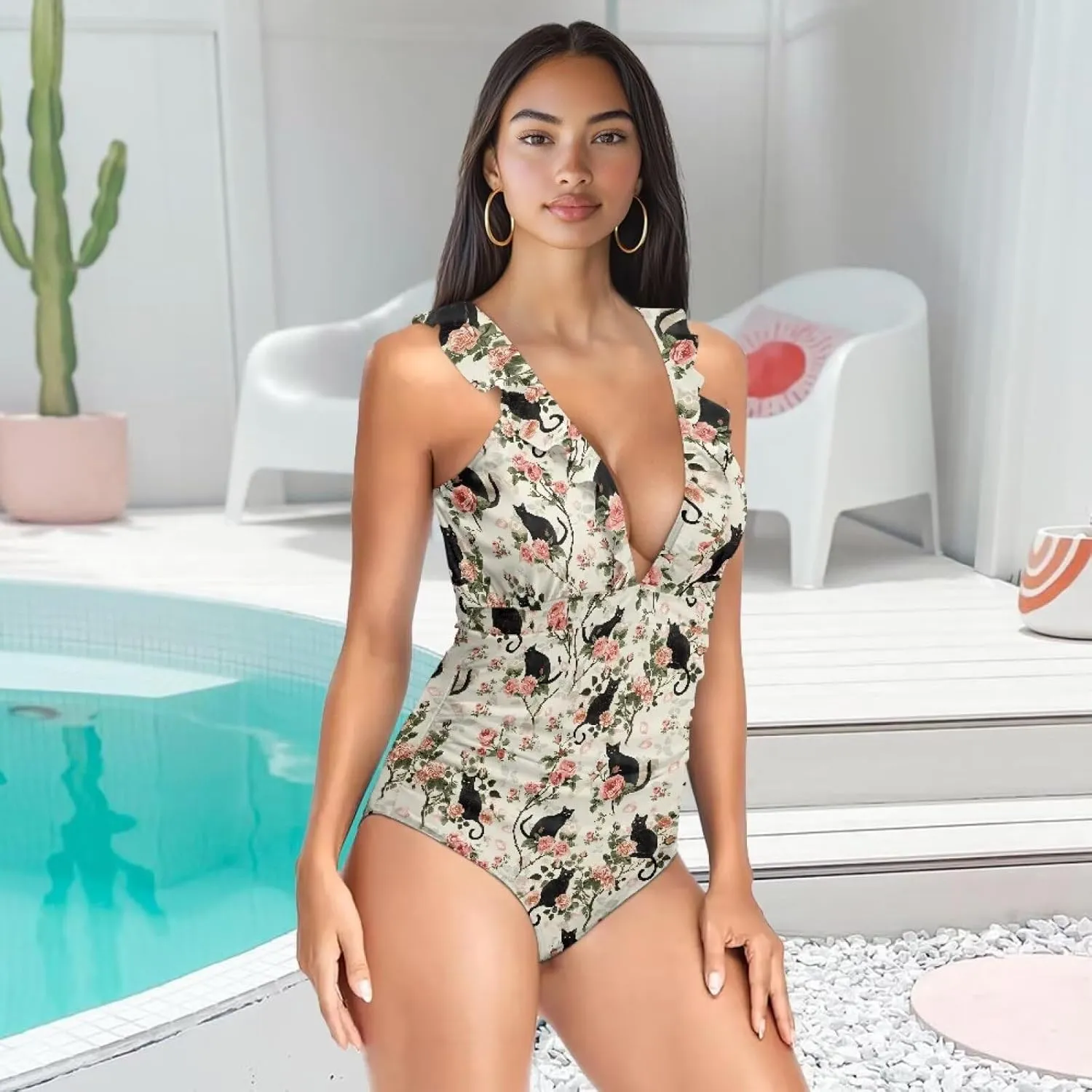 Womens One Piece Swimsuit Sexy Ruffle Swimsuit Bathing Suit Tummy Control Swimwear V Neck Swimsuit for Vacation