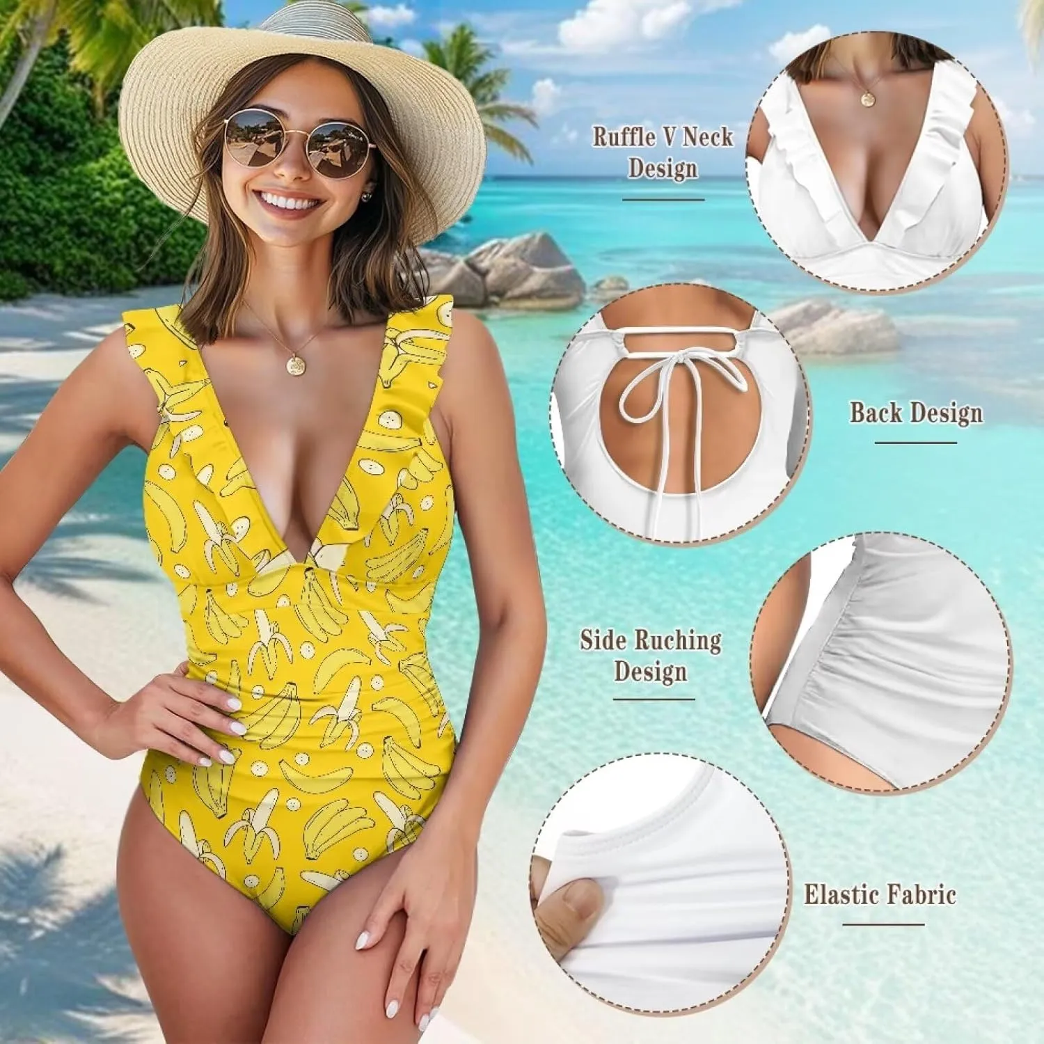 Womens One Piece Swimsuit Sexy Ruffle Swimsuit Bathing Suit Tummy Control Swimwear V Neck Swimsuit for Vacation