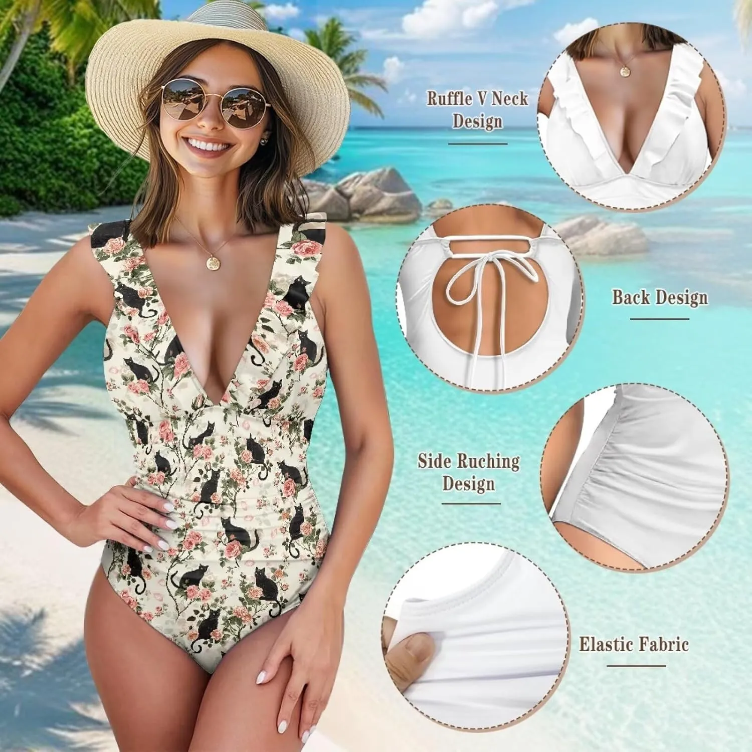 Womens One Piece Swimsuit Sexy Ruffle Swimsuit Bathing Suit Tummy Control Swimwear V Neck Swimsuit for Vacation