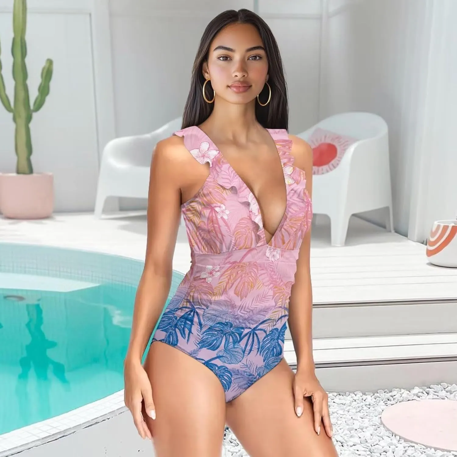 Womens One Piece Swimsuit Sexy Ruffle Swimsuit Bathing Suit Tummy Control Swimwear V Neck Swimsuit for Vacation