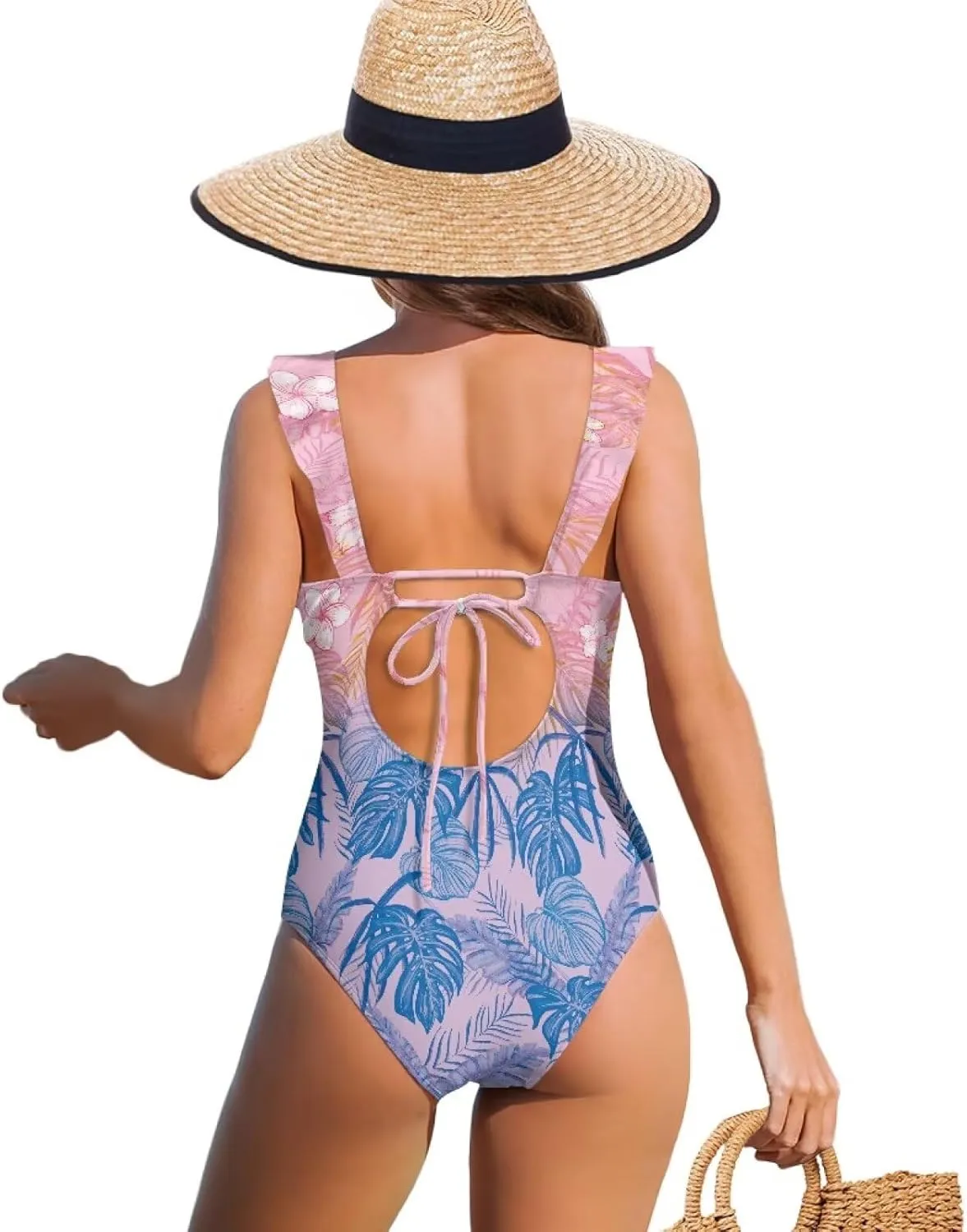 Womens One Piece Swimsuit Sexy Ruffle Swimsuit Bathing Suit Tummy Control Swimwear V Neck Swimsuit for Vacation