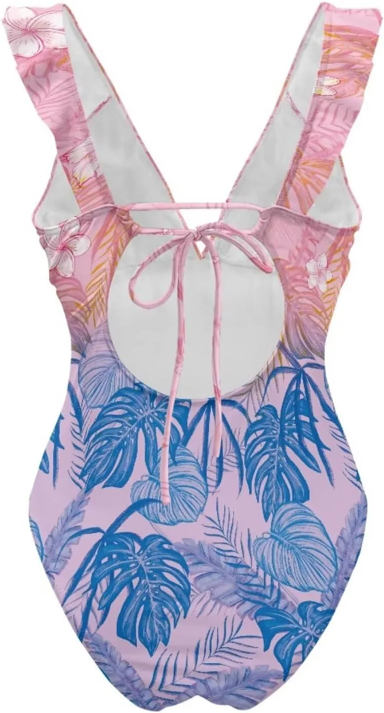 Womens One Piece Swimsuit Sexy Ruffle Swimsuit Bathing Suit Tummy Control Swimwear V Neck Swimsuit for Vacation