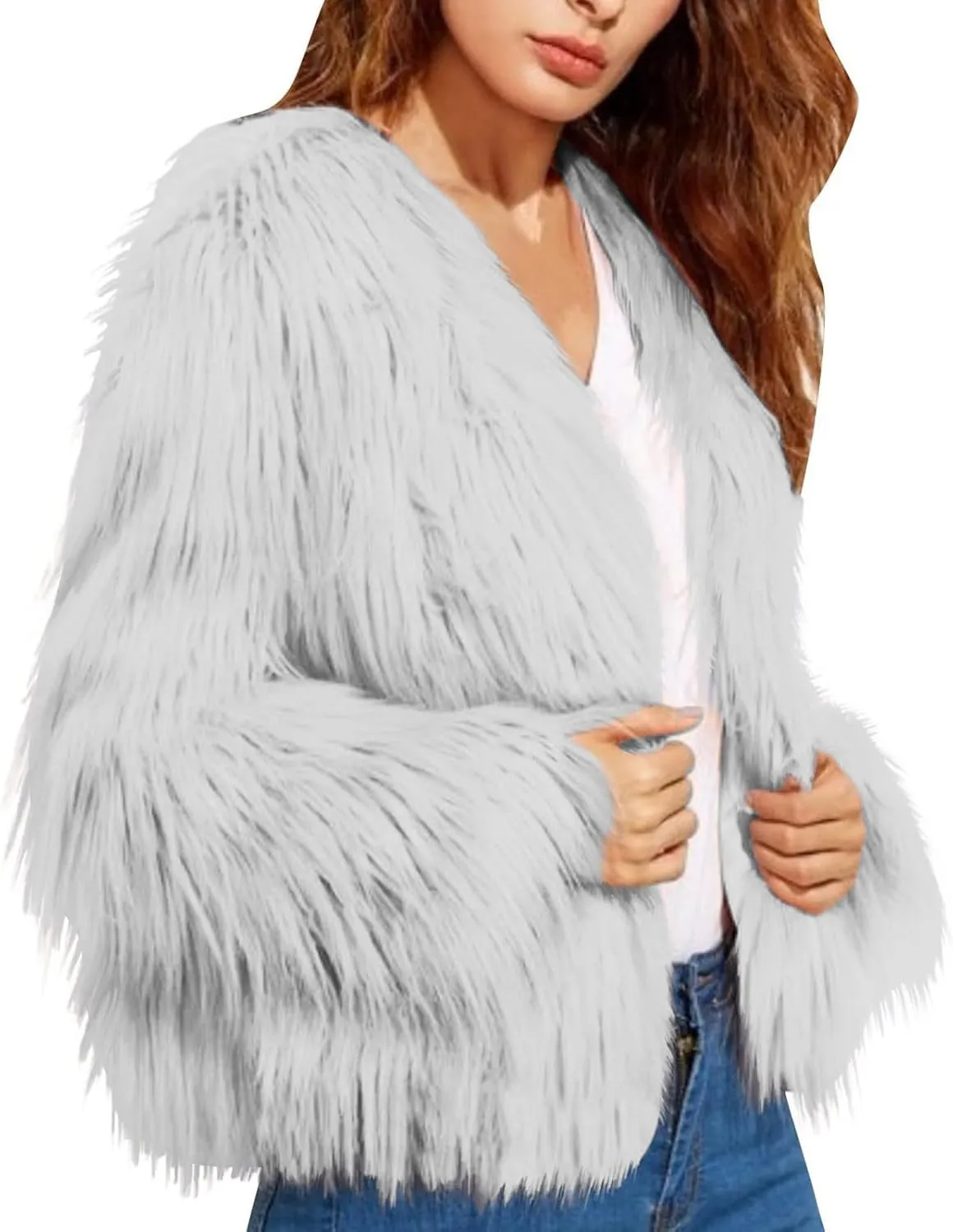 Womens Open Front Faux Fur Cardigan Winter Fashion Oversize Thermal Jackets Casual Long Sleeve Chunky Fuzzy Outwears