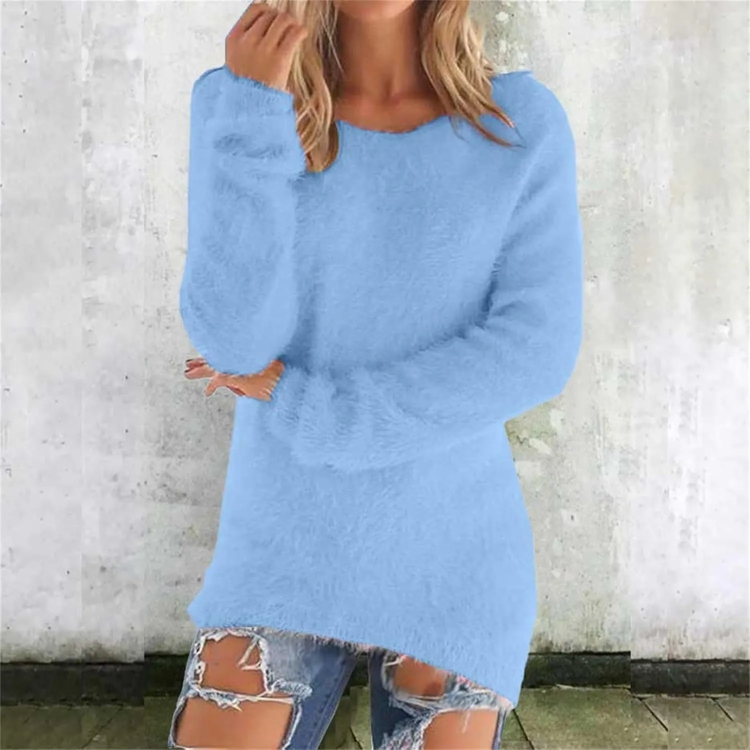 Womens Oversized Pink Fuzzy Knitted Sweaters 2024 Fall Winter Crewneck Fluffy Fuzzy Pullover Thermal Cashmere Sweater